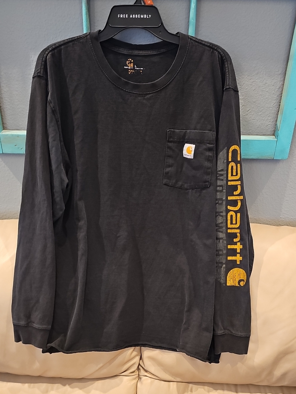 Carhartt Black Long-Sleeve Pocket Work Tee with Yellow Sleeve Logo